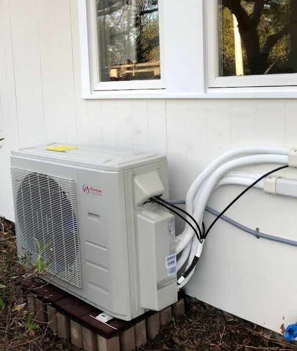 Ductless HVAC outdoor unit on white home